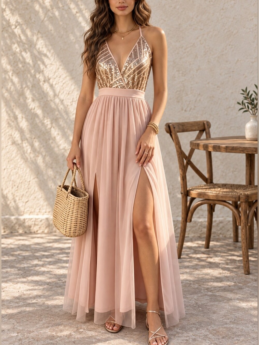 New Sequin Halter Tulle Maxi Dress Peach Champagne